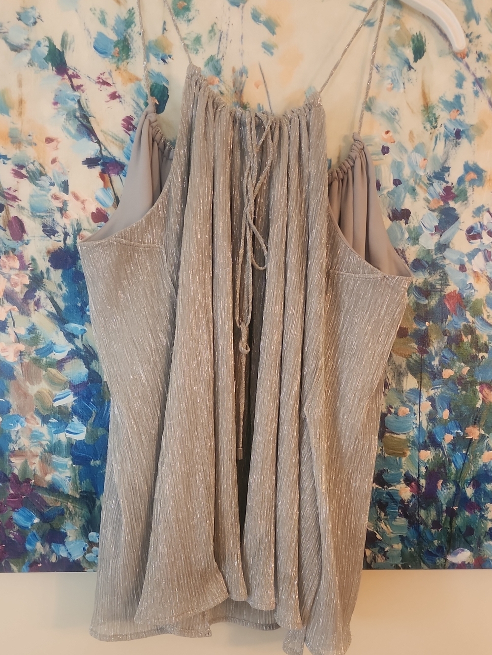 DKNYC Silver Metallic Pleated Drawstring Halter Camisole